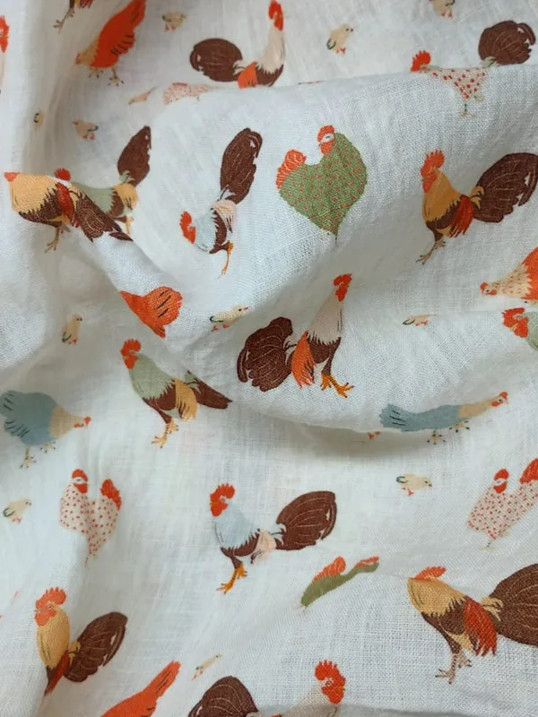 Linen Print #16 — Hen Novelty on Cream